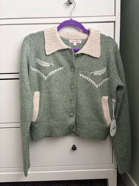 Bailey Rose Sage Green Collared Button Cardigan with Cream Accents